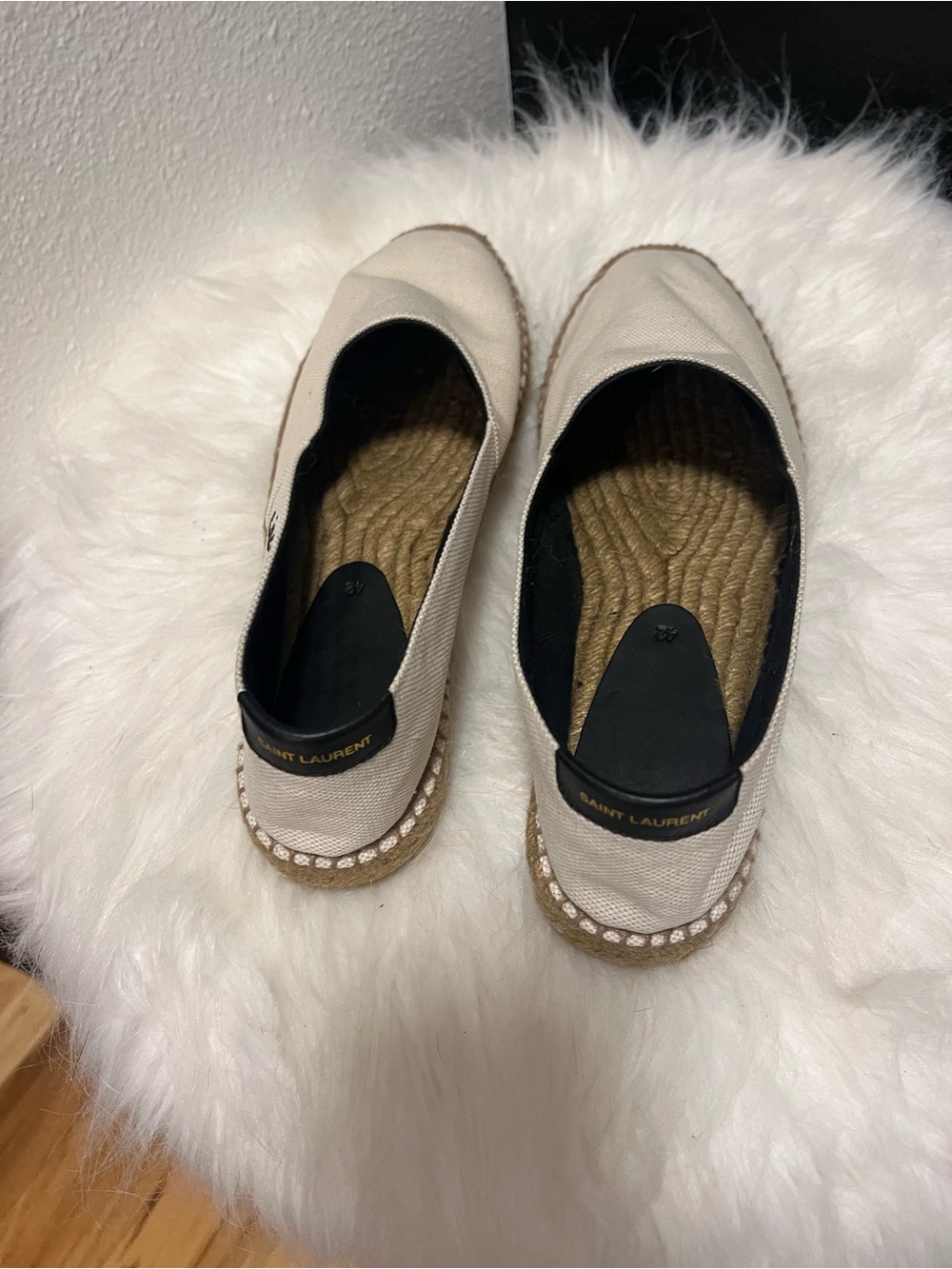 Saint Laurent Cream Canvas Espadrille Slip-Ons with Black Heel Tab